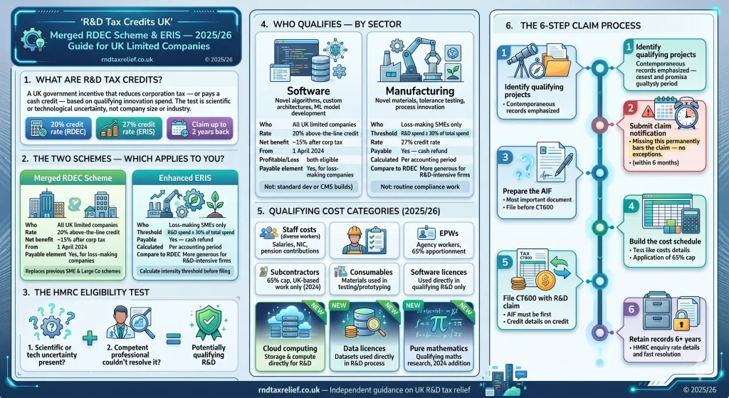 R&D Tax Credits UK 2025/26 infographic showing the Merged RDEC Scheme (20% credit), ERIS (27% credit for R&D-intensive SMEs), qualifying cost categories including cloud computing and data licences, and the 6 step HMRC claim process including the mandatory Additional Information Form